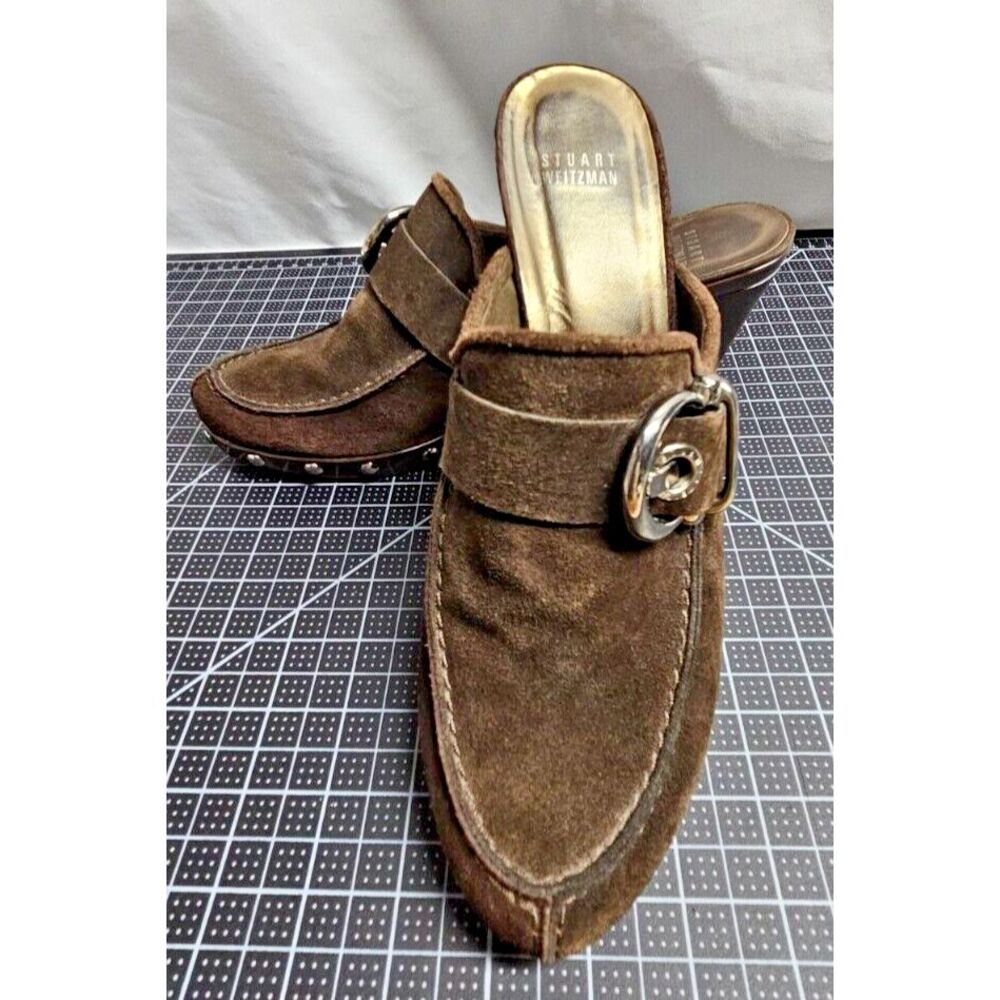 STUART WEITZMAN brown suede buckle studded heels mule clog US 9.5‎